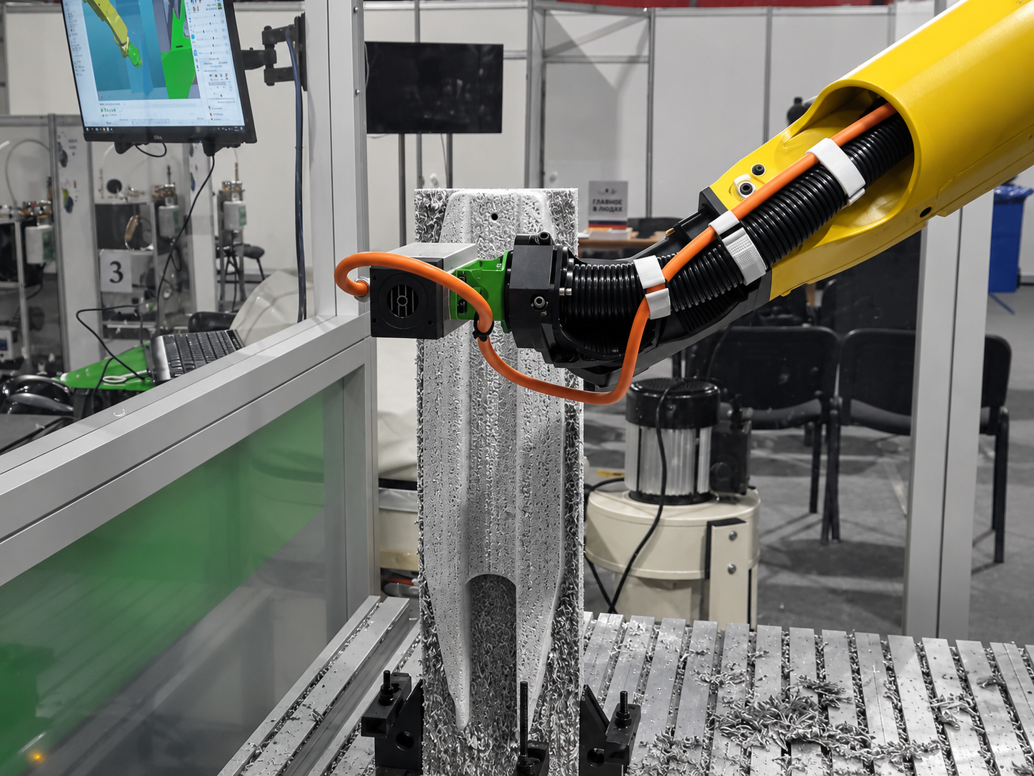 Роботизированное фрезерование композитного изделия роботом FANUC